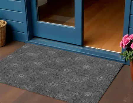3' X 5' Gray And Charcoal Floral Washable Indoor Outdoor Area Rug