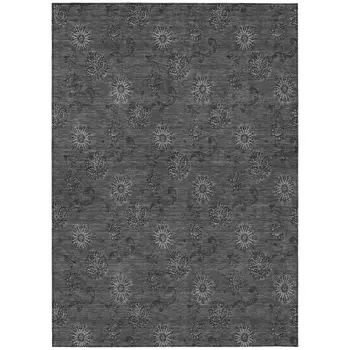 3' X 5' Gray And Charcoal Floral Washable Indoor Outdoor Area Rug