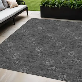5' X 8' Gray And Charcoal Floral Washable Indoor Outdoor Area Rug
