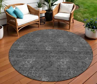 8' Gray And Charcoal Round Floral Washable Indoor Outdoor Area Rug