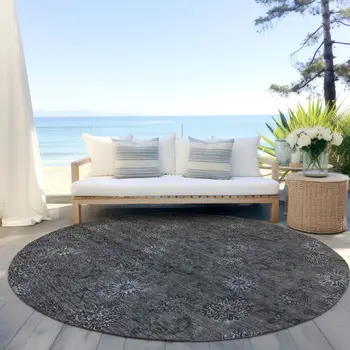 8' Gray And Charcoal Round Floral Washable Indoor Outdoor Area Rug