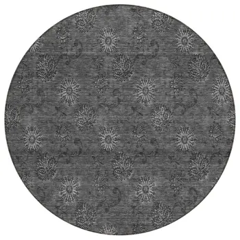 8' Gray And Charcoal Round Floral Washable Indoor Outdoor Area Rug