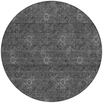 8' Gray And Charcoal Round Floral Washable Indoor Outdoor Area Rug