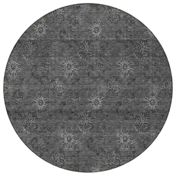 8' Gray And Charcoal Round Floral Washable Indoor Outdoor Area Rug
