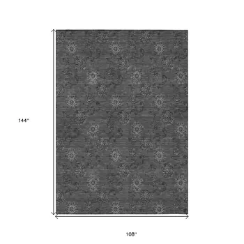 9' X 12' Gray And Charcoal Floral Washable Indoor Outdoor Area Rug