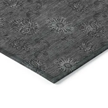 9' X 12' Gray And Charcoal Floral Washable Indoor Outdoor Area Rug