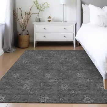 9' X 12' Gray And Charcoal Floral Washable Indoor Outdoor Area Rug