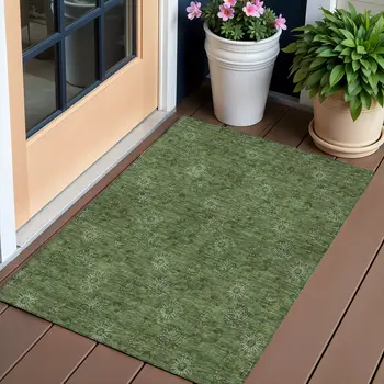 3' X 5' Olive Green And Green Floral Washable Indoor Outdoor Area Rug