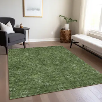 3' X 5' Olive Green And Green Floral Washable Indoor Outdoor Area Rug