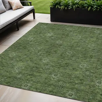 5' X 8' Olive Green And Green Floral Washable Indoor Outdoor Area Rug
