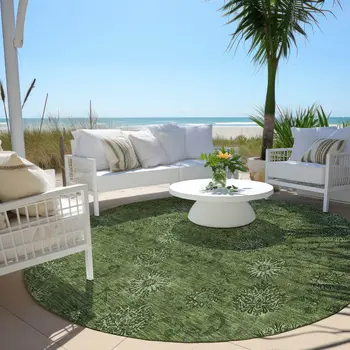 8' Olive Green And Green Round Floral Washable Indoor Outdoor Area Rug