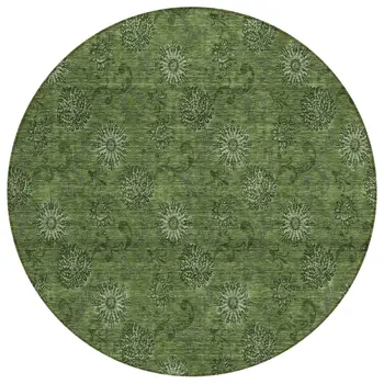 8' Olive Green And Green Round Floral Washable Indoor Outdoor Area Rug
