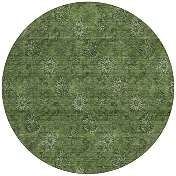 8' Olive Green And Green Round Floral Washable Indoor Outdoor Area Rug