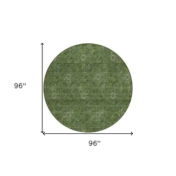8' Olive Green And Green Round Floral Washable Indoor Outdoor Area Rug