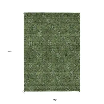 8' X 10' Olive Green And Green Floral Washable Indoor Outdoor Area Rug