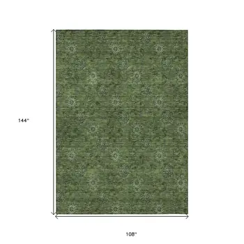 9' X 12' Olive Green And Green Floral Washable Indoor Outdoor Area Rug