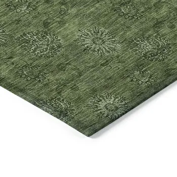 10' X 14' Olive Green And Green Floral Washable Indoor Outdoor Area Rug