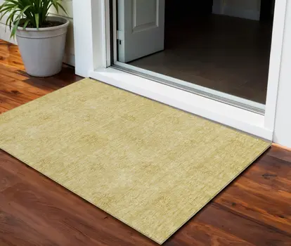 3' X 5' Gold And Ivory Floral Washable Indoor Outdoor Area Rug