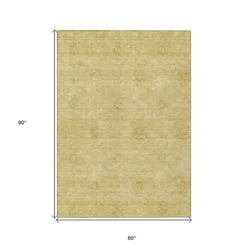 5' X 8' Gold And Ivory Floral Washable Indoor Outdoor Area Rug