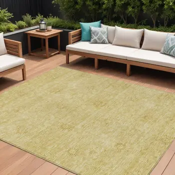 10' X 14' Gold And Ivory Floral Washable Indoor Outdoor Area Rug