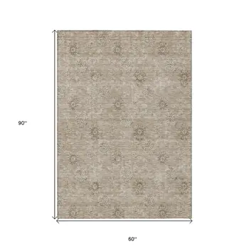 5' X 8' Khaki Beige And Tan Floral Washable Indoor Outdoor Area Rug