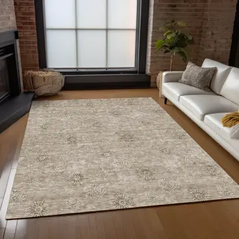 5' X 8' Khaki Beige And Tan Floral Washable Indoor Outdoor Area Rug
