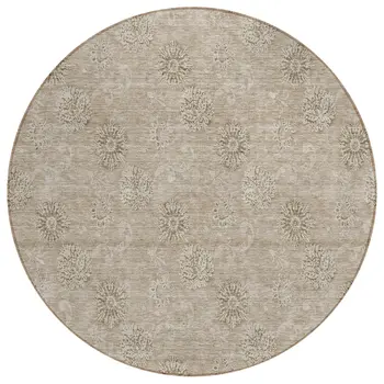 8' Khaki Beige And Tan Round Floral Washable Indoor Outdoor Area Rug