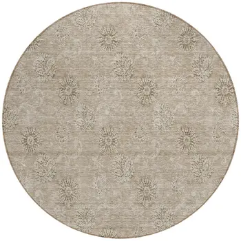 8' Khaki Beige And Tan Round Floral Washable Indoor Outdoor Area Rug