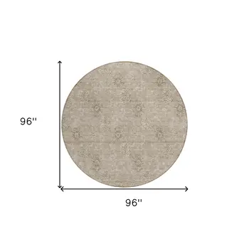 8' Khaki Beige And Tan Round Floral Washable Indoor Outdoor Area Rug