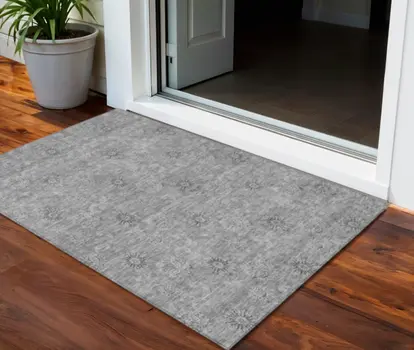 3' X 5' Pewter And Gray Floral Washable Indoor Outdoor Area Rug