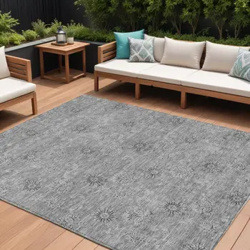 8' X 10' Pewter And Gray Floral Washable Indoor Outdoor Area Rug