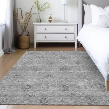 10' X 14' Pewter And Gray Floral Washable Indoor Outdoor Area Rug
