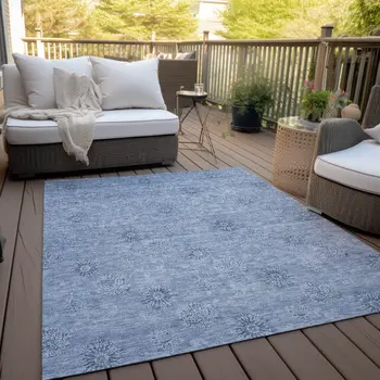 3' X 5' Sky Blue And Blue Floral Washable Indoor Outdoor Area Rug