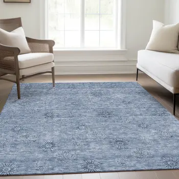 3' X 5' Sky Blue And Blue Floral Washable Indoor Outdoor Area Rug