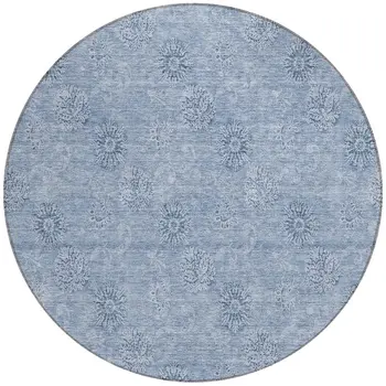 8' Sky Blue And Blue Round Floral Washable Indoor Outdoor Area Rug