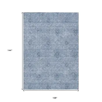 9' X 12' Sky Blue And Blue Floral Washable Indoor Outdoor Area Rug