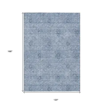 10' X 14' Sky Blue And Blue Floral Washable Indoor Outdoor Area Rug