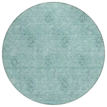 8' Teal Blue And Ivory Round Floral Washable Indoor Outdoor Area Rug