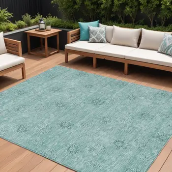 8' X 10' Teal Blue And Ivory Floral Washable Indoor Outdoor Area Rug