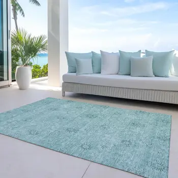 8' X 10' Teal Blue And Ivory Floral Washable Indoor Outdoor Area Rug