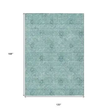 10' X 14' Teal Blue And Ivory Floral Washable Indoor Outdoor Area Rug
