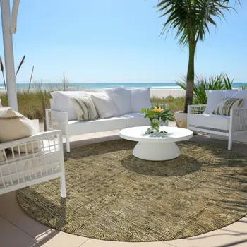 8' Brown And Beige Round Southwestern Washable Indoor Outdoor Area Rug