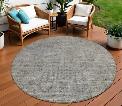 8' Gray And Silver Round Southwestern Washable Indoor Outdoor Area Rug