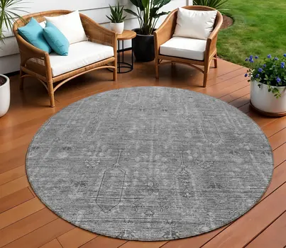 8' Gray And Charcoal Round Southwestern Washable Indoor Outdoor Area Rug
