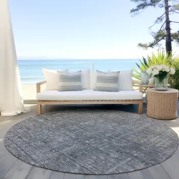 8' Gray And Charcoal Round Southwestern Washable Indoor Outdoor Area Rug