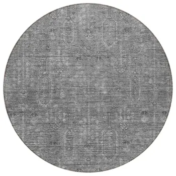 8' Gray And Charcoal Round Southwestern Washable Indoor Outdoor Area Rug