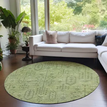 8' Sage And Artichoke Green Round Southwestern Washable Indoor Outdoor Area Rug