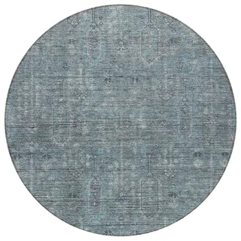 8' Teal Blue And Gray Round Southwestern Washable Indoor Outdoor Area Rug