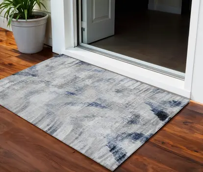 3' X 5' Gray Silver And Blue Abstract Washable Indoor Outdoor Area Rug