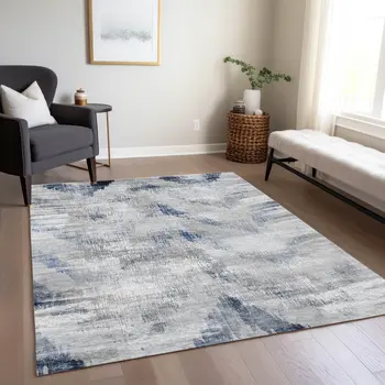 3' X 5' Gray Silver And Blue Abstract Washable Indoor Outdoor Area Rug